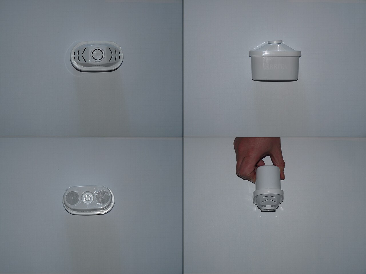 Brita-branded water filter cartridges photographed from four angles against a plain background