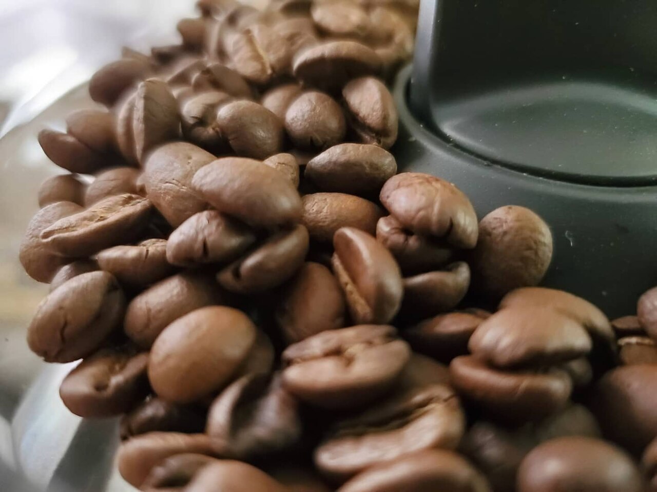 A close-up of roasted coffee beans in the bean hopper of an espresso machine